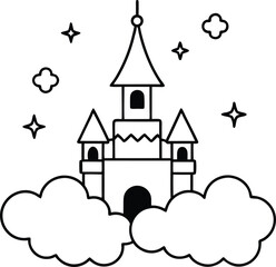 magical enchanted castle with clouds and stars illustration on transparent background