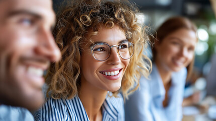 Three smiling colleagues enjoying a lighthearted chat in a sunny office lounge, workplace team bonding, casual office interaction, coworkers happiness, office friendship, with copy