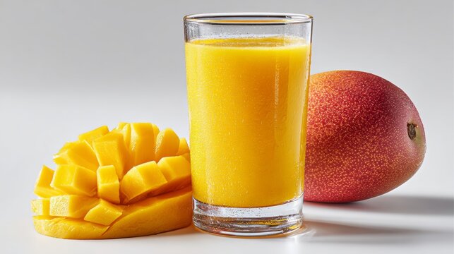Fresh mango juice in a clear glass beside a whole mango and sliced mango pieces, showcasing vibrant colors and textures, perfect for healthy lifestyle and refreshing beverage concepts - Powered by Adobe