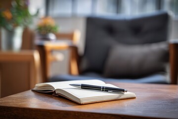 notebook of and pen resting on side table, symbolic clinical detail, calm and balanced workplace of  therapist  or mental health professional.