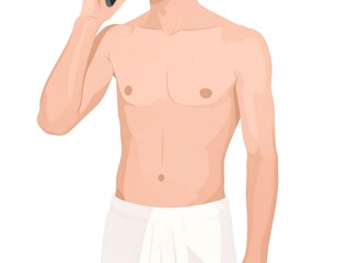 Fototapeta premium Man talking on a phone, shirtless, in a towel
