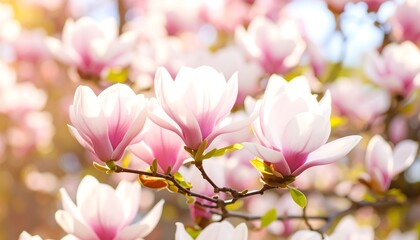 Fototapeta premium Soft focus shot of pink magnolia blossoms with petals aglow in sunlight, bokeh background
