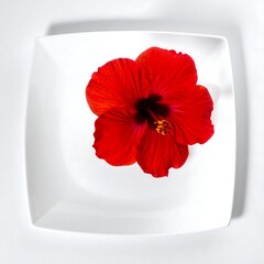 Red hibiscus flower on a white square plate