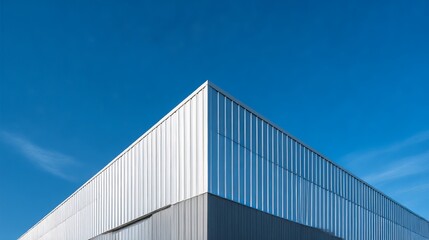 Modern warehouse with an aluminum facade against a blue sky. Architectural building features a geometric design with corrugated steel. Industrial construction showcases a metal surface pattern.
 