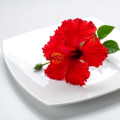 Red hibiscus flower on white plate