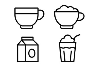 Simple line art depicting various beverages including a cup, bowl, carton, and glass with ice cream