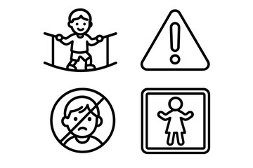 Safety signs for children in playground with warnings about potential dangers and activity guidelines