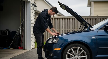 Man Inspecting Car Engine : A man in a black hoodie checks his car ' s engine with the hood open in front of a garage on a cloudy day