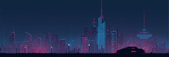 Fototapeta premium City Skyline With Neon Lights and Car Silhouette During Nighttime in a Futuristic Setting