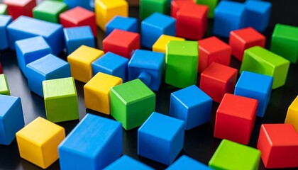 Obraz premium Colorful wooden blocks scattered on a dark surface