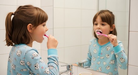 Little girl in pajamas brushing her teeth in front of a bathroom mirror practicing dental hygiene for a healthy bright smile