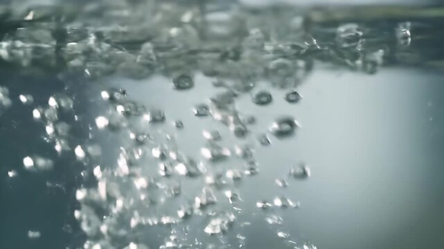 Close-up macro view of clear water with many bubbles rising to the surface in slow motion