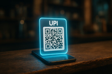 UPI QR code digital payment system glowing in neon light on counter, futuristic fintech transaction concept for cashless economy, secure mobile wallet technology and contactless online payment innovat