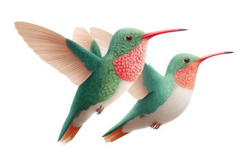 Obraz premium Two colorful hummingbirds in flight against white background, cut out