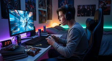 Teen gamer immersed in a vivid first - person shooter headset on controller in hand backlit keyboard and energy drinks intense focus