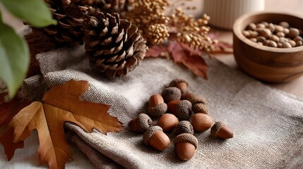 Autumn still life with acorns, pinecones, autumn leaves, and natural decorations on rustic fabric. Seasonal harvest and holiday concept