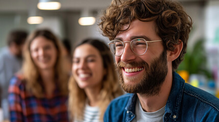 Group of colleagues laughing during a casual chat in a sunlit office, office team happiness, business laughter moment, corporate team camaraderie, workplace fun environment, with c