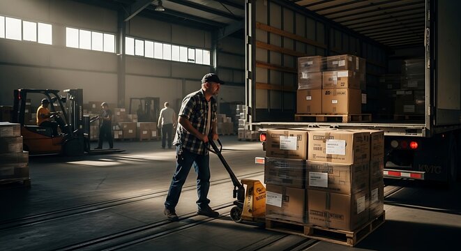 Warehouse worker moving boxes with a pallet jack in a large warehouse with a forklift and a delivery truck loading goods