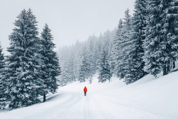 Snowy landscape with a person wearing an orange jacket walking along a winter trail surrounded by tall trees in a serene forest setting