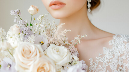 Obraz premium Stylized wedding inspiration in Bridgerton aesthetic featuring vintage decor, soft florals, and ornate fashion details, palette of dusty lilac, pearl white, and faded mint, romantic visual