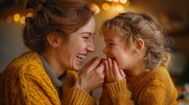 A daughter and her mother sharing laughs as the girl brushes makeup on her face, mother daughter makeup moment, family fun bonding, parent child beauty play, joyful home interactio - Powered by Adobe