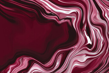 Abstract artwork of red and white fluid paint blending with dark marron shades, creating swirls and waves on canvas background