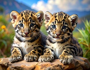 Two adorable clouded leopard cubs resting on a rock