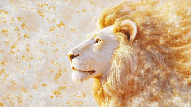 Vintage-style illustration of lion of Judah with golden mane blowing in the wind, strong posture and faded textures, palette of dusty ochre, parchment beige, and muted graphite, prophetic artwork