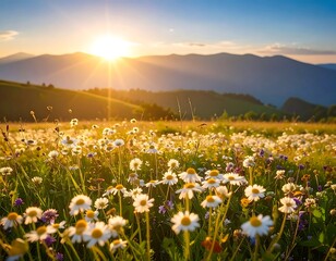 Sunrise over a meadow of wildflowers