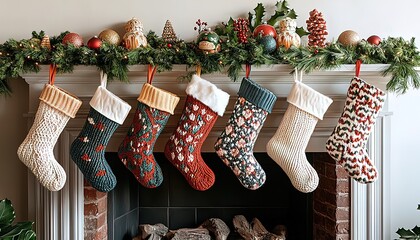 Cozy Christmas stockings hang above fireplace with festive garland and ornaments