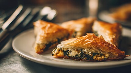 Albanian Byrek shown solitary on a white table, triangular slices of golden phyllo pastry with exposed spinach and cheese filling