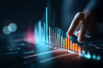 Analyzing data on a touchscreen interface with vibrant graphical representations. Focus is on the digital display and interface interactions.