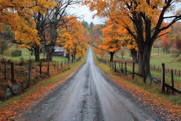 Naklejka premium Countryside road winding through vibrant fall foliage in Vermont with a serene atmosphere and colorful trees along the path