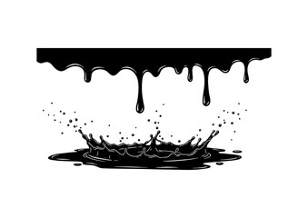 .Puddles drops splashing water. a highly dynamic monochromatic (black and white) vector illustration , featuring two separate fluid elements, set against a plain light gray background