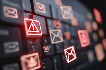 A keyboard with an alert key and email notification keys with glowing red light indicating potential security risks and incoming messages.