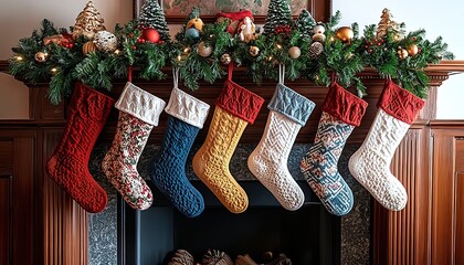 Cozy Christmas stockings hang from festive garland above fireplace ready for gifts