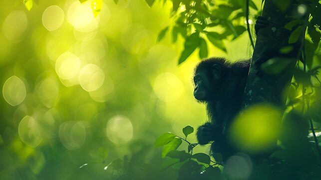 A solitary howler monkey rests on a tree branch amidst lush green foliage and soft sunlight