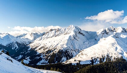 Snowy mountain range landscape against a bright blue sky with wispy white clouds