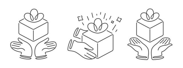 Receiving gift box with bow, line icon. Present in hands symbol. Generosity surprise celebration festive event emblem