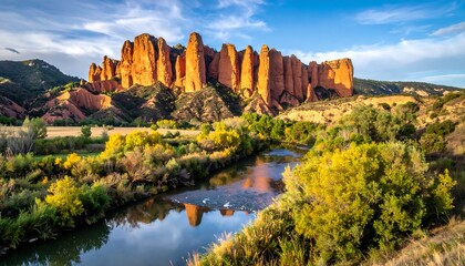 Autumnal river valley with sandstone cliffs