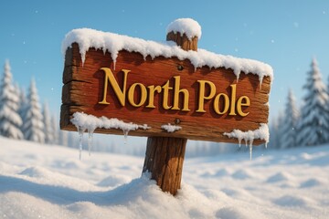 North Pole sign in snowy landscape for New Year celebration with winter scenery