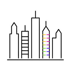 Outline of modern city skyline with colorful building accents  