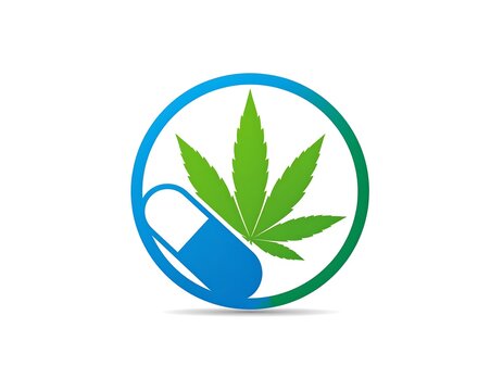 Circular logo with cannabis leaf and pill