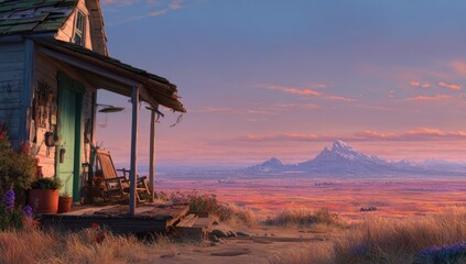 A weathered farmhouse porch overlooks a vast, colorful landscape at sunset, bathed in warm hues and a touch of serene beauty.