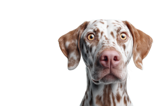 Close-up of speckled dog with brown eyes on black background, cut out