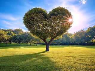 Heart shaped tree shines with sunburst in lush green park on a perfect day