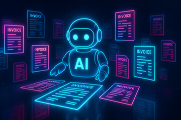AI robot analyzing invoice data neon glowing 3d concept, artificial intelligence automation system processing digital billing documents, futuristic finance management technology, data recognition and 