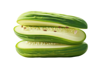 Fresh stack of sliced green cucumbers on black background, cut out