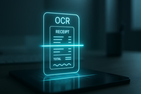 OCR receipt scanning neon glowing 3d concept, optical character recognition technology detecting digital text data from invoice document, futuristic ai automation system for finance and business analy