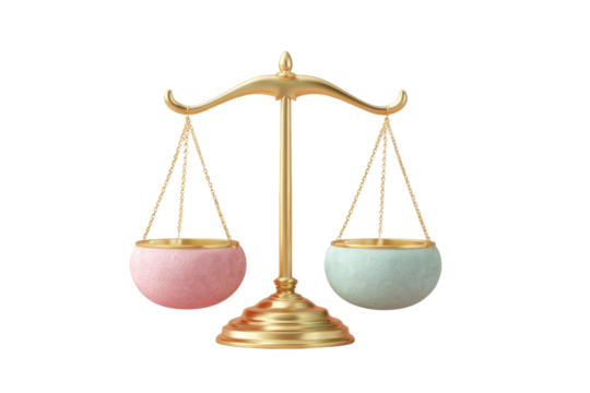 Golden balance scale with pink and blue spheres on black background, cut out